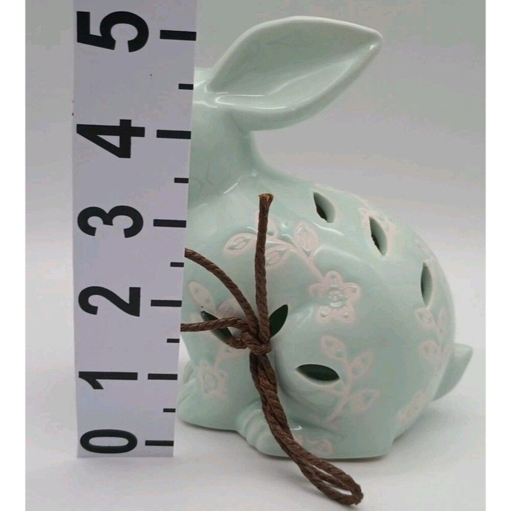 Spring Easter Bunny Ceramic Figurine Rabbit Floral Embossed Cut Outs Mint Green - Picture 6 of 9